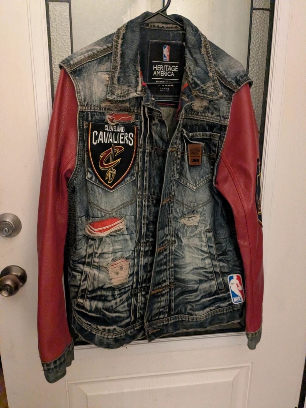NBA Heritage America Cleveland Cavaliers Denim Varsity Jacket with Red Sleeves